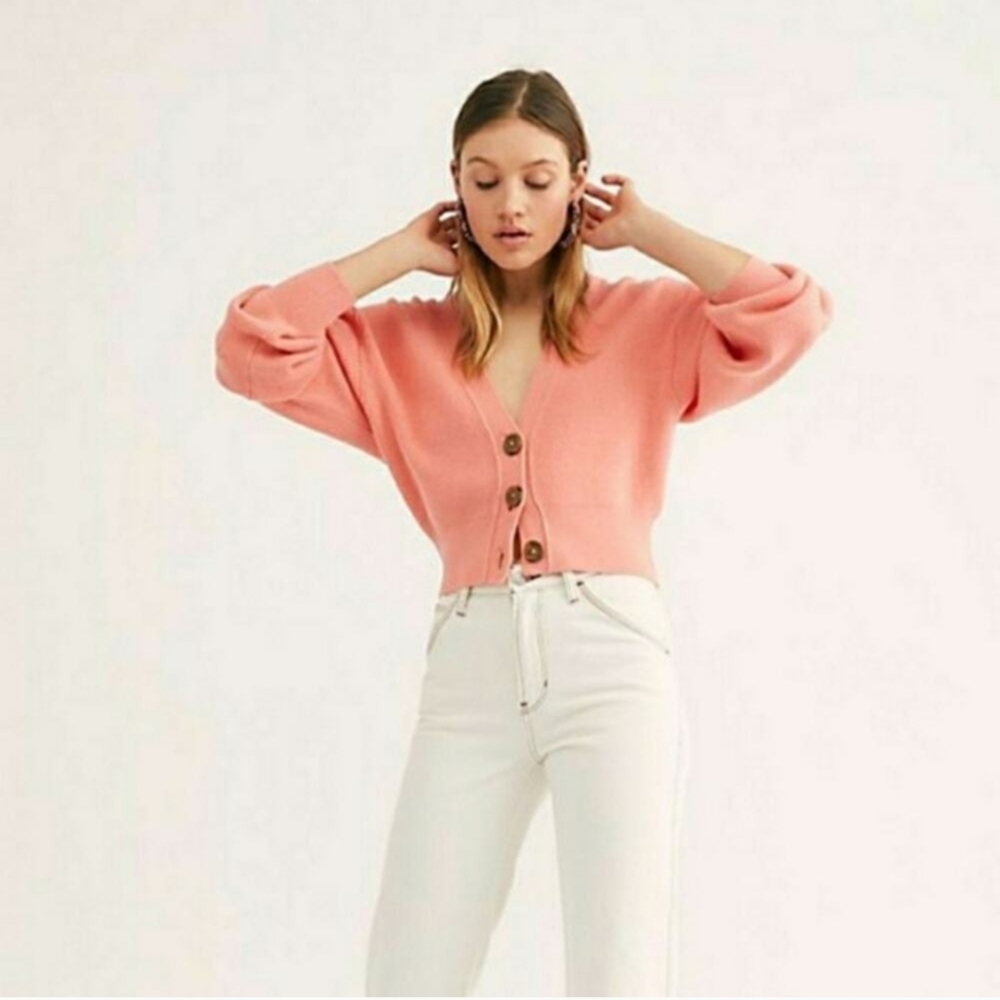 Free People Big Plans Ribbed Cardigan Sweater - Size Large - Peach/Coral - Picture 12 of 15